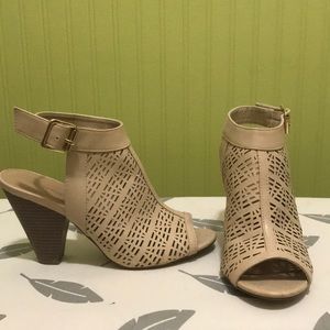 Tan Laser cut peep toe wedges